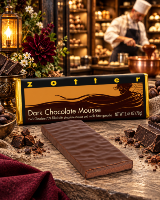 Zotter Dark Chocolate Mousse hand-scooped Austrian chocolate bar with rich chocolate mousse and dark ganache, pictured in an artisan chocolate shop.
