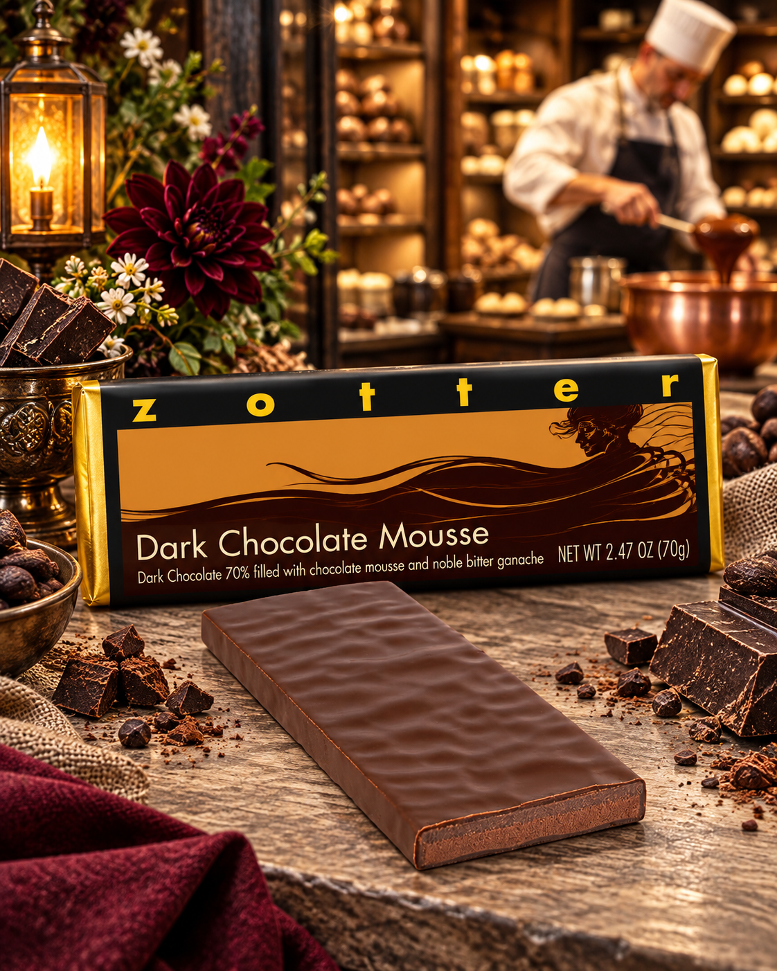 Zotter Dark Chocolate Mousse hand-scooped Austrian chocolate bar with rich chocolate mousse and dark ganache, pictured in an artisan chocolate shop.