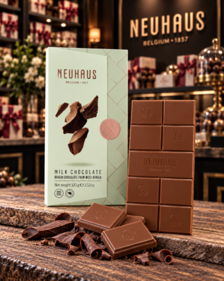 Neuhaus Milk Chocolate Tablet with smooth Belgian milk chocolate pieces displayed on a rustic wood table in an elegant Belgian chocolate shop setting.