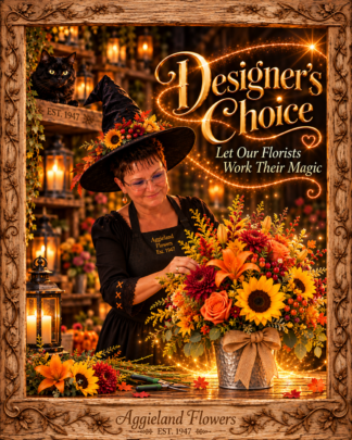 Designer’s Choice autumn floral arrangement with sunflowers and fall blooms, handcrafted by an Aggieland florist in a magical workshop setting.