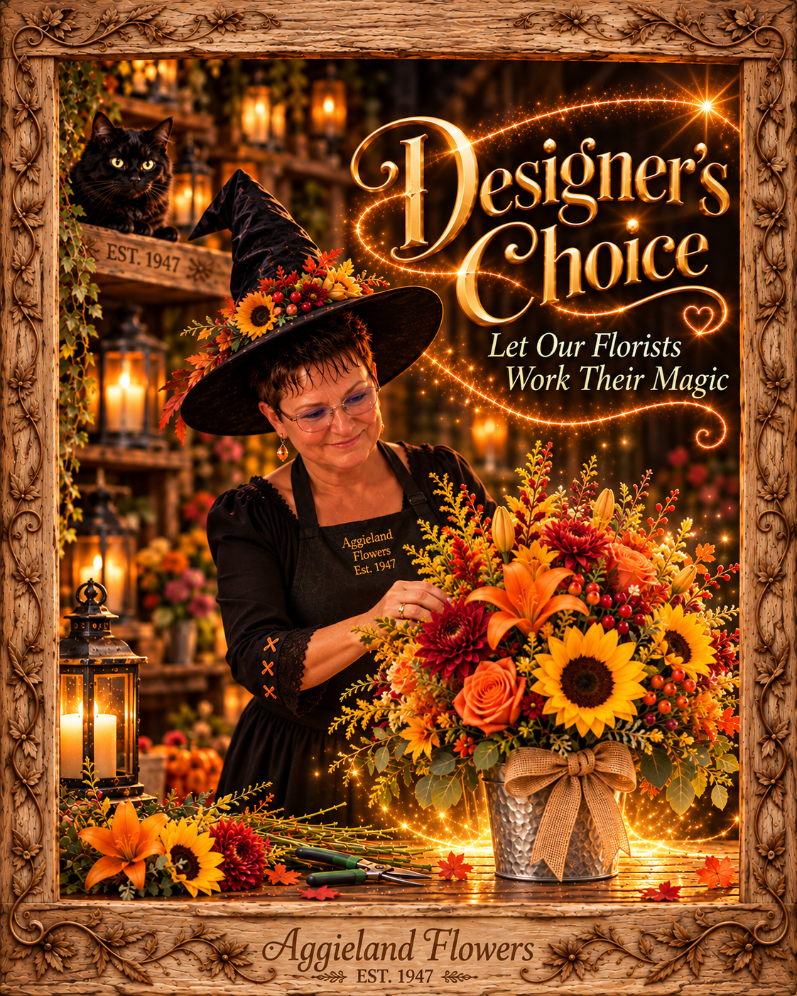 Designer’s Choice autumn floral arrangement with sunflowers and fall blooms, handcrafted by an Aggieland florist in a magical workshop setting.