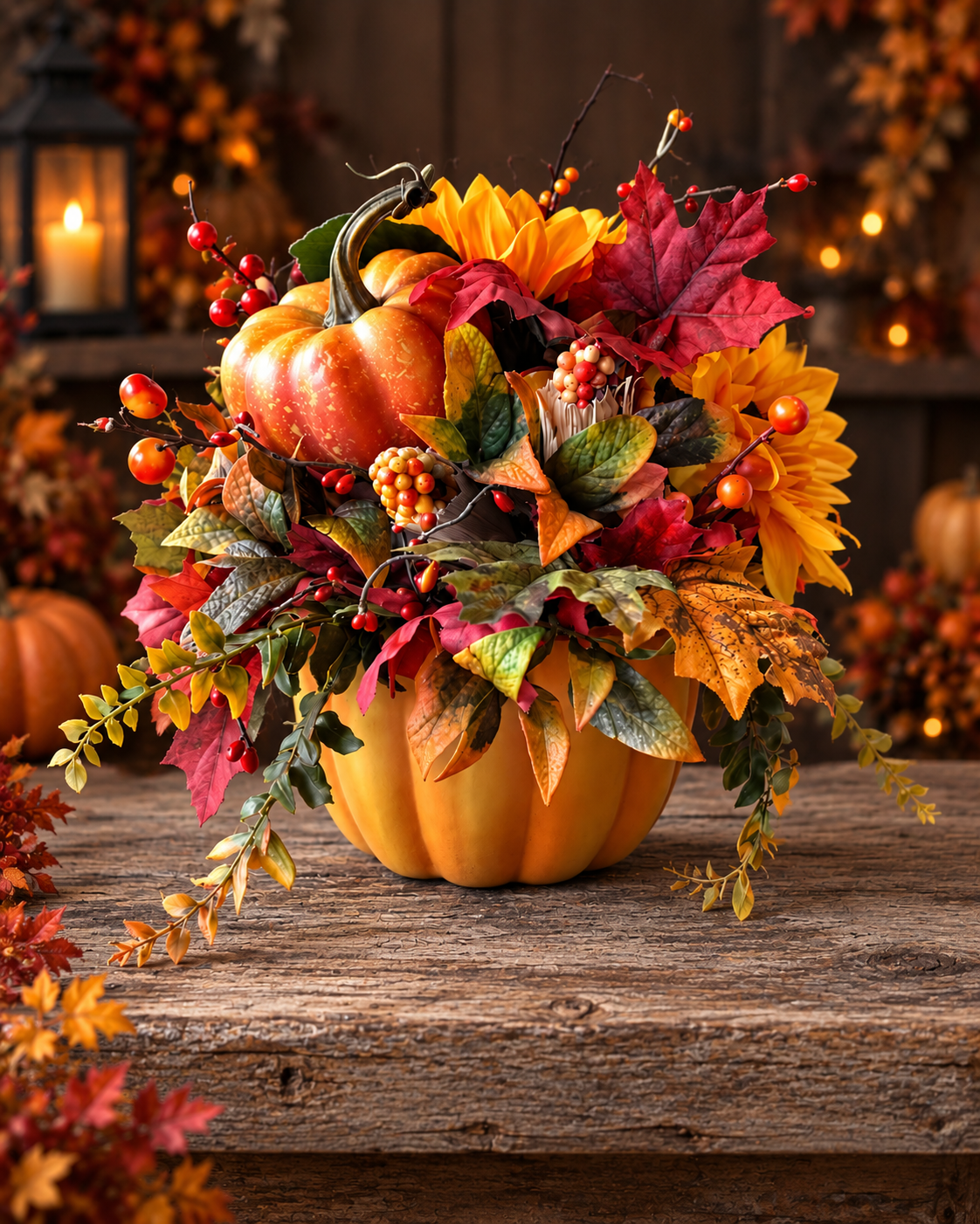 Harvest Pumpkin Silk autumn arrangement with sunflowers, fall leaves, berries, greenery and pumpkin accents in an orange pumpkin container from Aggieland Flowers & Chocolates.