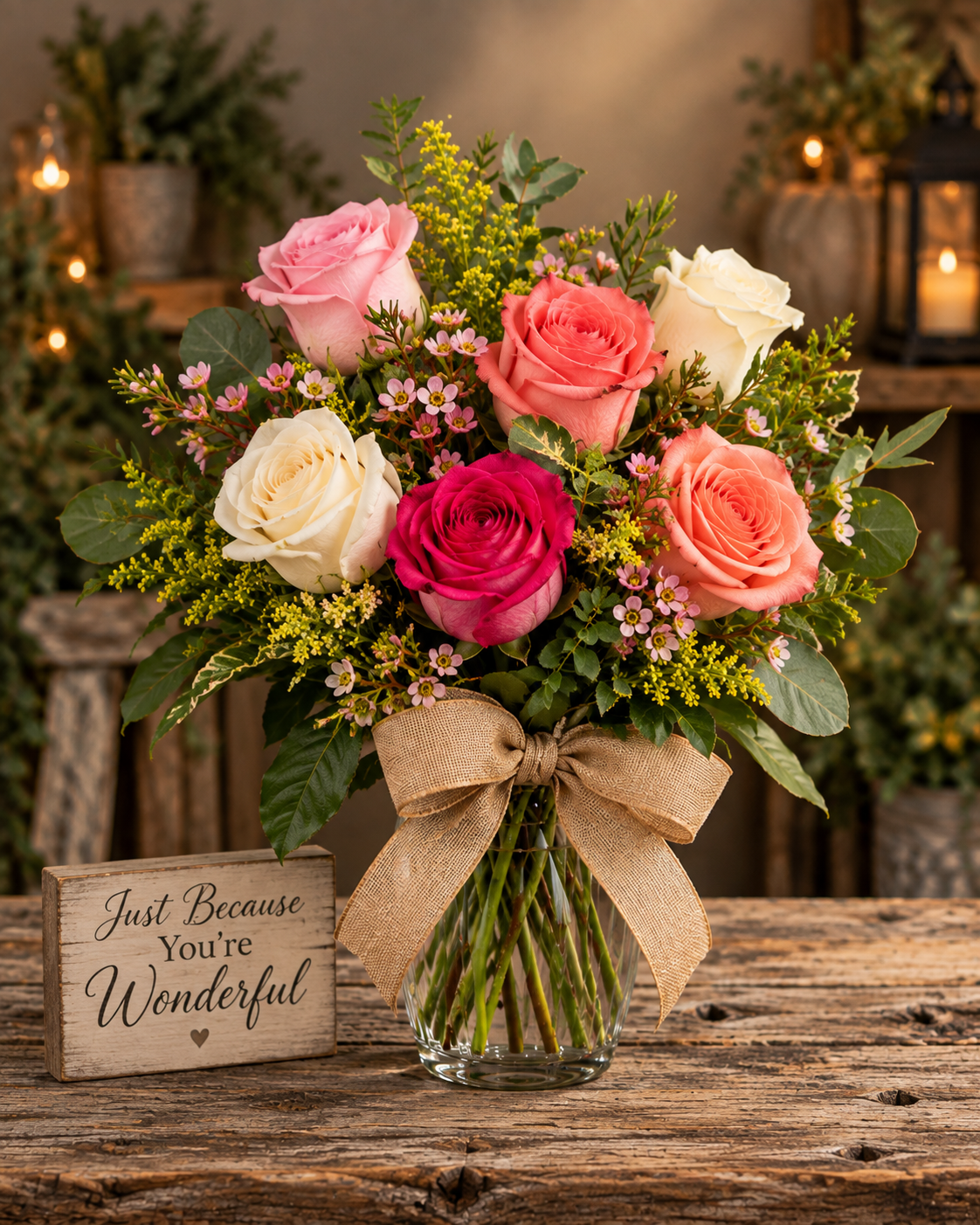 A Little Rose Magic mixed rose arrangement with pink, peach, cream and magenta roses from Aggieland Flowers & Chocolates