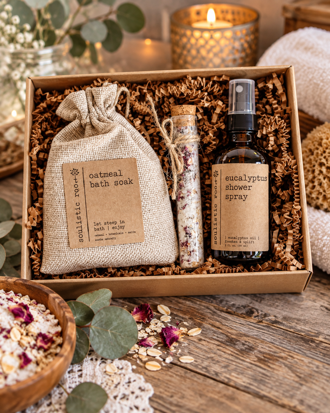 Soulistic Root Natural Spa Gift Set with oatmeal bath soak, botanical salts and eucalyptus shower spray