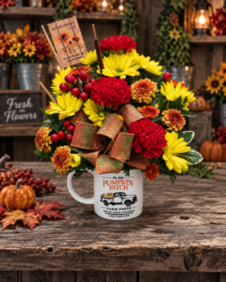 Rustic autumn floral arrangement with red carnations, yellow daisies, bronze mums, red berries and greenery in a white Pumpkin Patch mug, accented with a fall ribbon and sunflower seed packet on a weathered wood table.
