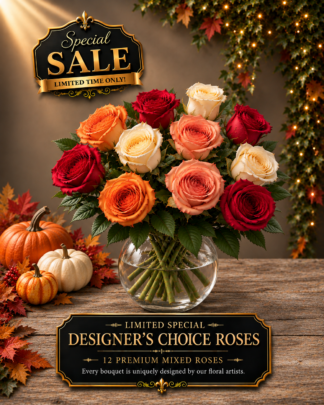 Autumn Surprise Designer's Choice Roses featuring 12 premium roses in rich autumn colors, arranged in a glass vase with seasonal greenery. Limited-time special from Aggieland Flowers & Chocolates in College Station, TX.