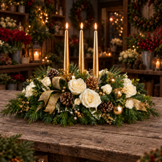 Candle Centerpiece with Holiday greens . Flowers or white and metallic gold accents create this lovely table arrangement.