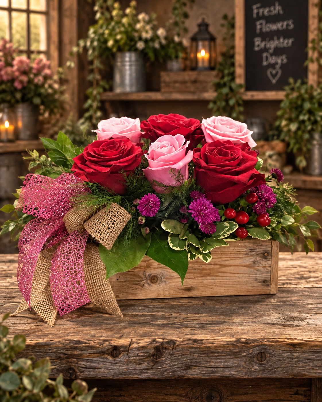 Petals & Twine Romance with red and pink roses, seasonal accent flowers and greenery in a rustic natural wood box.