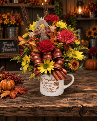 A mug with the words Pumpkin Kisses & Harvest Wishes with fall flowers in festive colors with a whimsical scarecrow