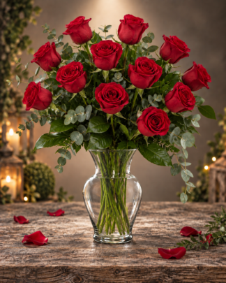One dozen premium red roses arranged with fresh greenery in a clear glass vase.