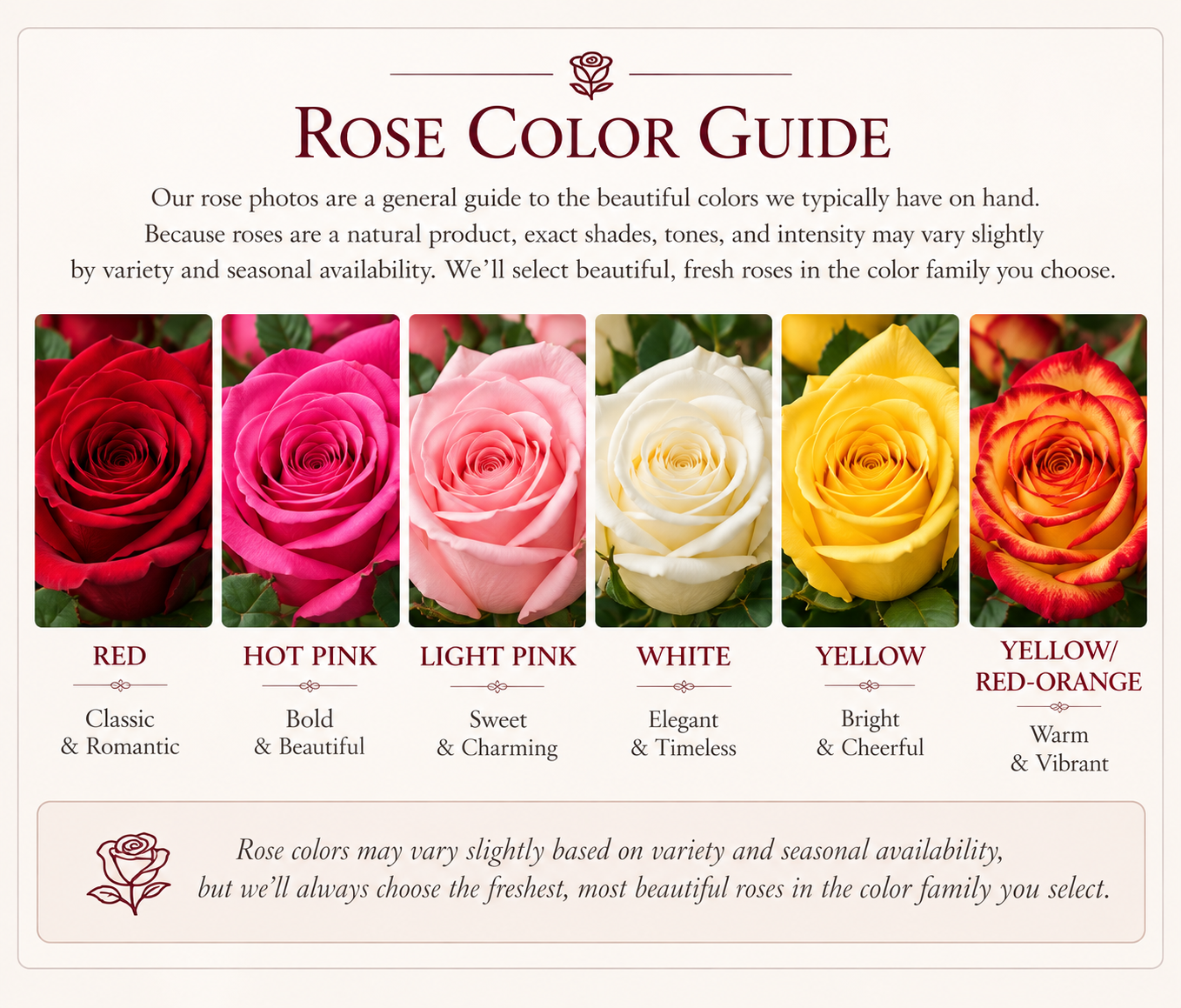 Rose color guide showing red, hot pink, light pink, white, yellow, and yellow-red orange roses