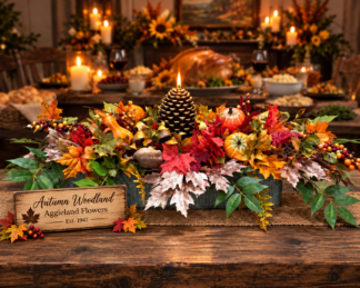 Crisp Autumn silk centerpiece with fall foliage, pumpkins, berries, and a pinecone LED candle with timer.