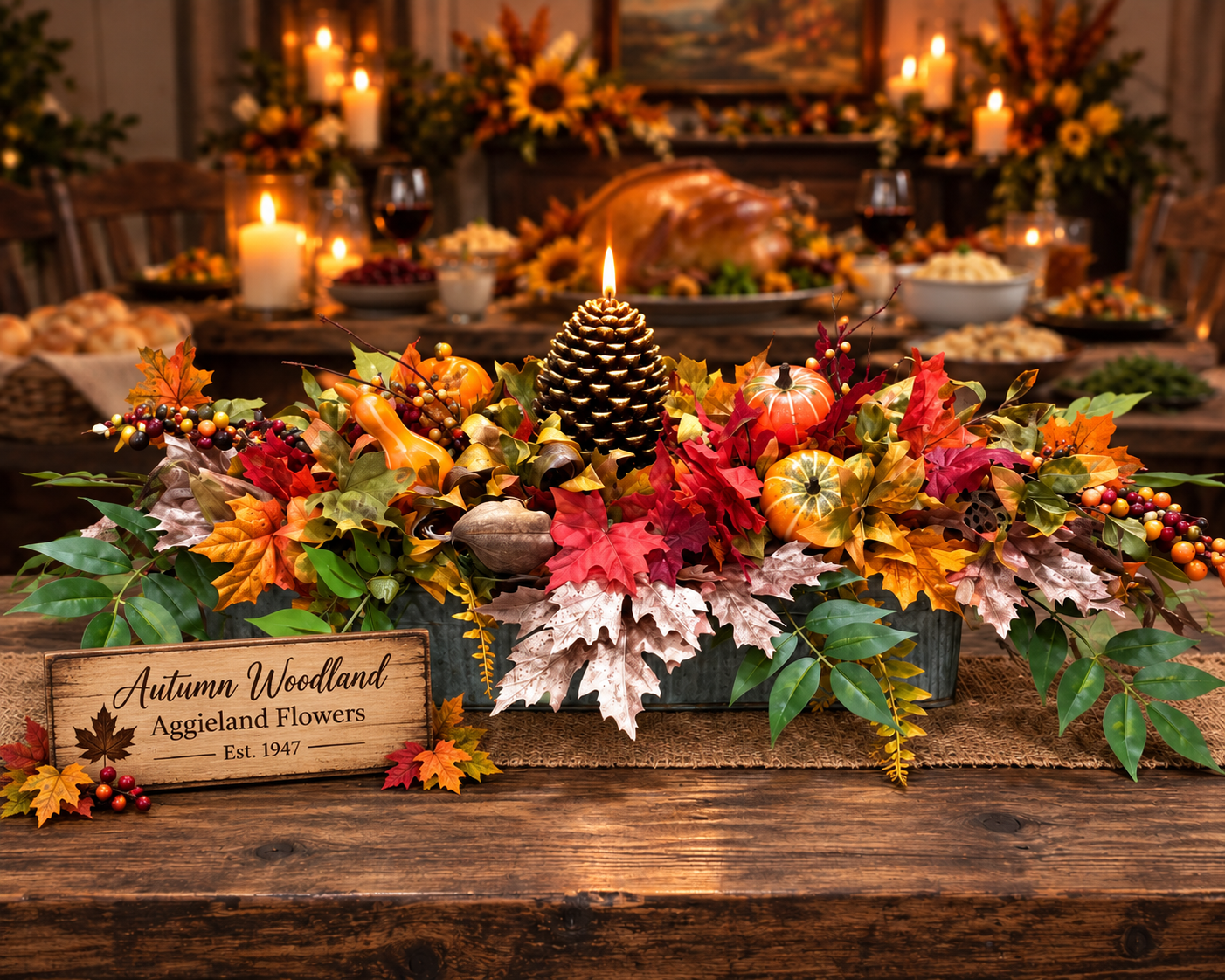 Crisp Autumn silk centerpiece with fall foliage, pumpkins, berries, and a pinecone LED candle with timer.