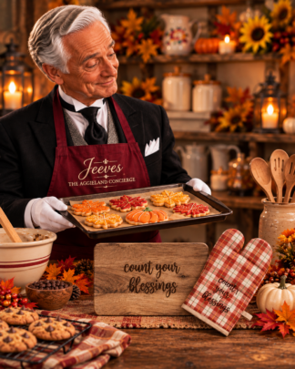 Count Your Blessings autumn cutting board and matching plaid oven mitt gift set from Aggieland Flowers & Chocolates.