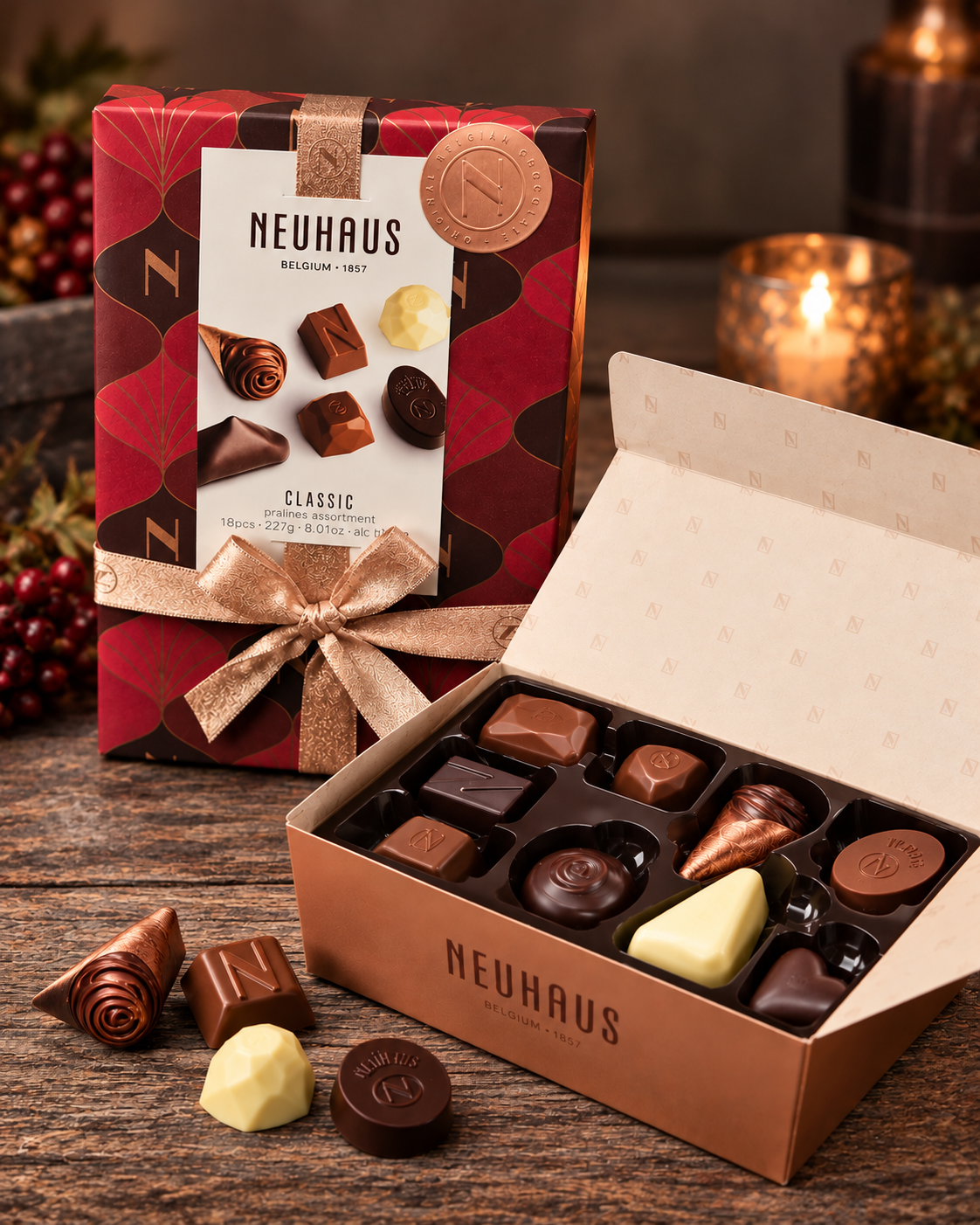 Neuhaus Classic Belgian chocolate gift box with assorted milk, dark and white pralines, elegantly packaged with ribbon from Aggieland Flowers & Chocolates.
