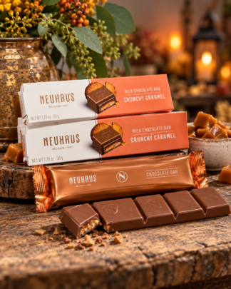 Neuhaus Crunchy Caramel Belgian Milk Chocolate Bar with smooth milk chocolate, caramel and crunchy biscuit pieces