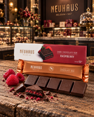 Neuhaus Raspberry Dark Chocolate Bar with fresh raspberries and raspberry-filled dark chocolate pieces displayed on a rustic wood table in an elegant Belgian chocolate shop setting.