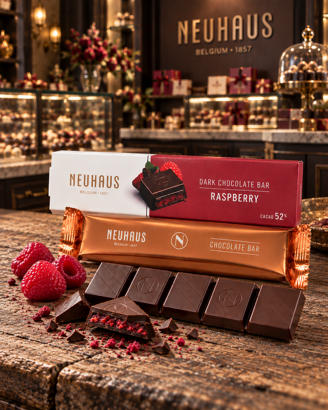 Neuhaus Raspberry Dark Chocolate Bar with fresh raspberries and raspberry-filled dark chocolate pieces displayed on a rustic wood table in an elegant Belgian chocolate shop setting.