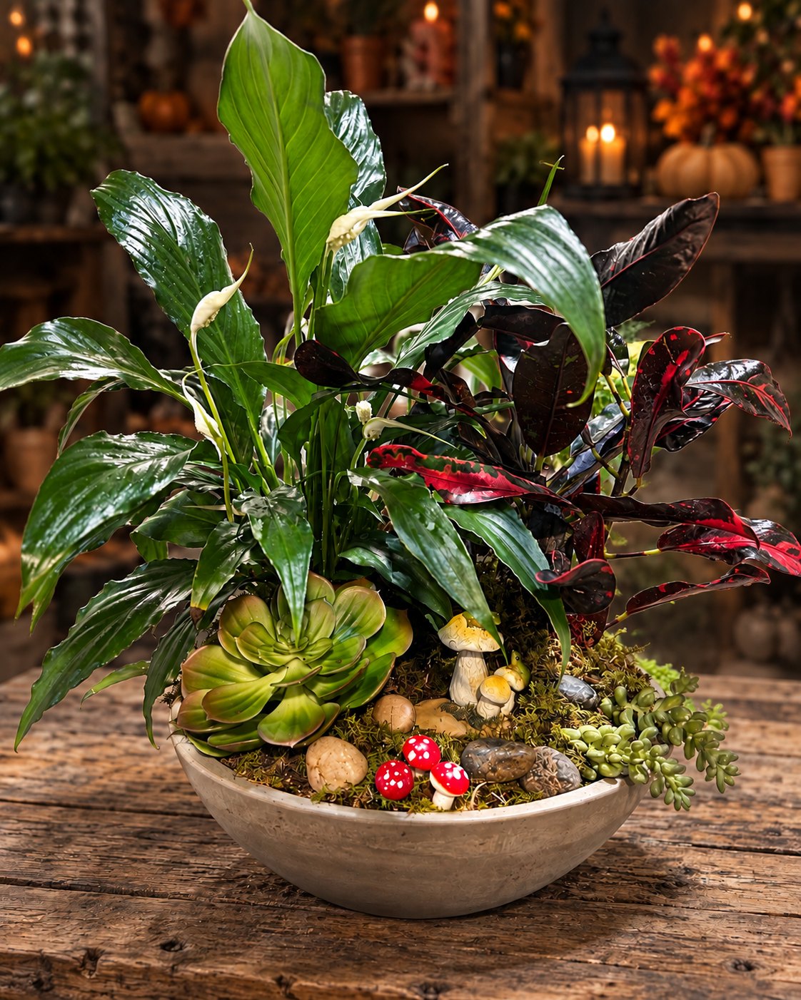 Tiny Toad Court Enchanted Dish Garden with living green plants, artificial succulents, moss, stones, whimsical mushrooms, and tiny toads from Aggieland Flowers & Chocolates.