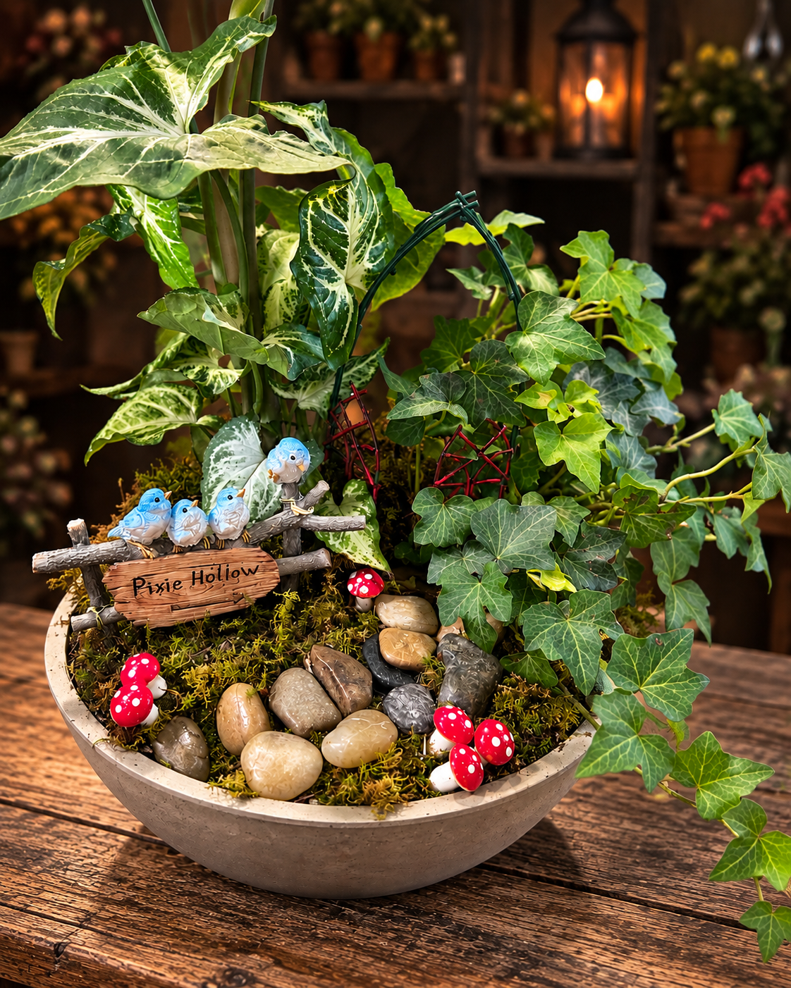 The Gate to Pixie Hollow enchanted dish garden with living green plants, ivy, moss, stone path, hidden gate, mushrooms and bluebirds from Aggieland Flowers & Chocolates.