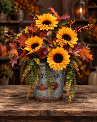 Autumn Blessings silk arrangement with sunflowers, fall leaves, berries and trailing greenery in a rustic galvanized pumpkin container from Aggieland Flowers & Chocolates.