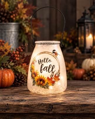 Hello Fall frosted glass luminary with autumn leaves, sunflowers, bird design and glowing LED mini lights from Aggieland Flowers & Chocolates.