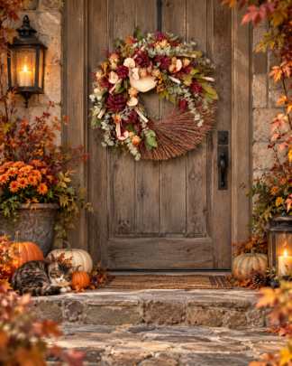 Rustic autumn wreath with burgundy flowers, eucalyptus, dried apple slices, natural wood accents and fall foliage from Aggieland Flowers & Chocolates.