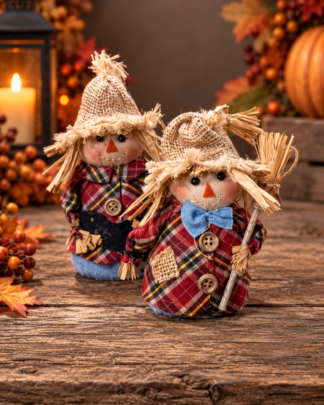 Smiling Scarecrow fall gift with plaid fabric, burlap hat, raffia hair, blue bow tie and rustic details from Aggieland Flowers & Chocolates.