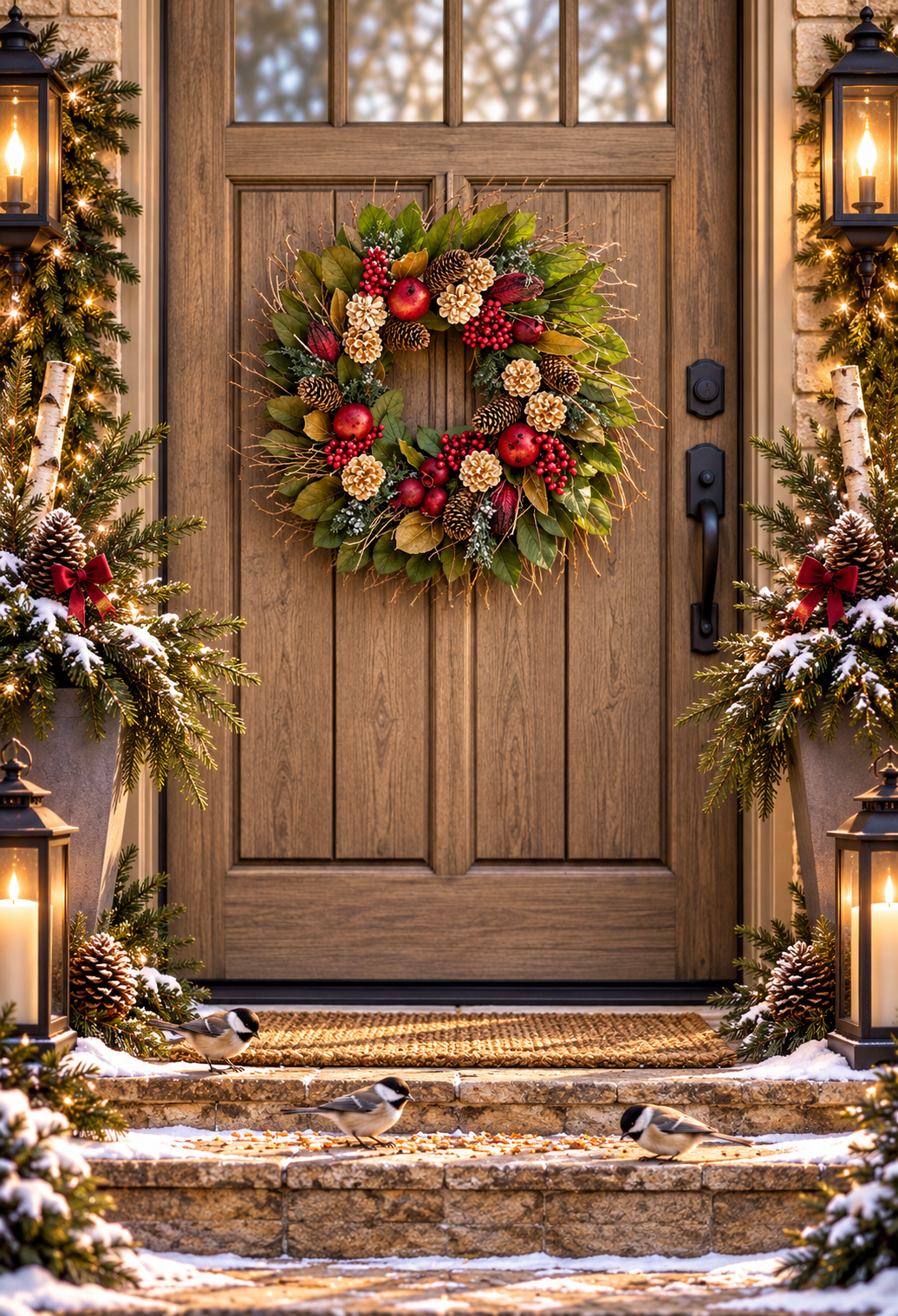 Home for the Holidays 18-inch dried botanical Christmas wreath with whole dried pomegranates, gold pinecones, red berries, preserved greenery and natural twigs.