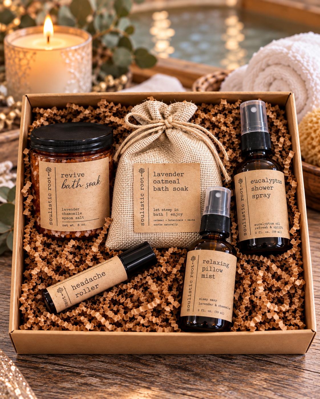 Soulistic Root relaxing self care spa gift box with bath soak, pillow mist, eucalyptus shower spray and essential oil roller