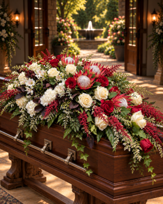 Aggie Legacy Casket spray, a mix of the Aggie Spirit colors for a funeral service.