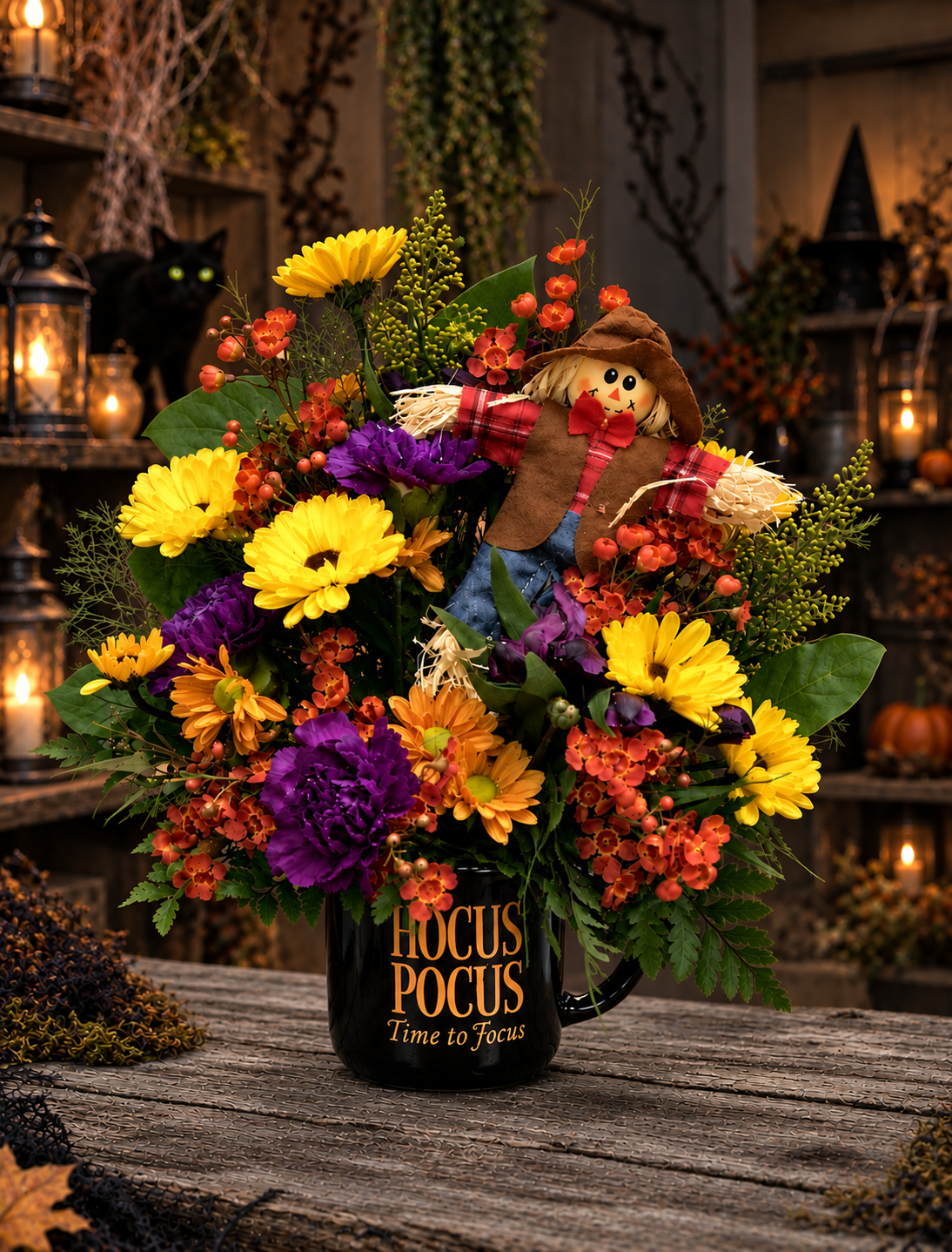 A cute mug with the words Hocus Pocus, time to focus with bright seasonal flowers for a spooky fun gift
