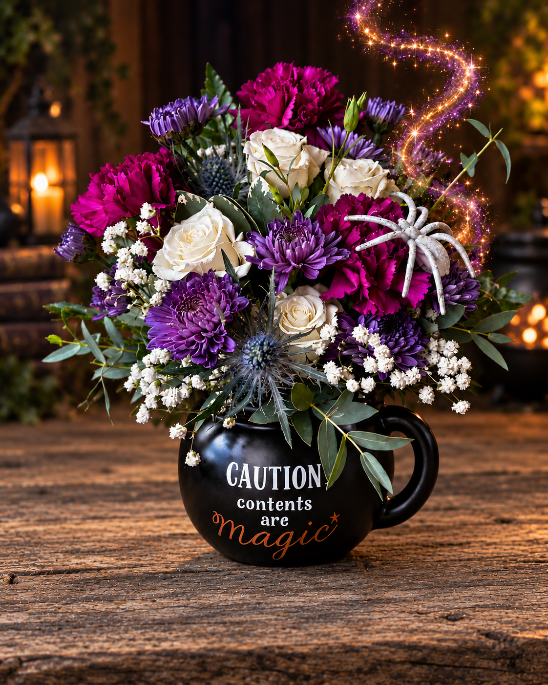 Halloween flower arrangement with purple and magenta blooms, white roses and spray roses, silver spider and greenery in a black Caution Contents Are Magic keepsake mug.