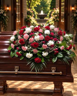 Everlasting sympathy casket spray featuring deep red, soft pink, and white carnations, delicate accent flowers, and lush cascading greenery, handcrafted by Aggieland Flowers & Chocolates in College Station, TX.