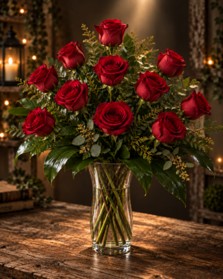 A classic dozen red roses in a vase with greenery. Deliver in College Station or Bryan Tx.