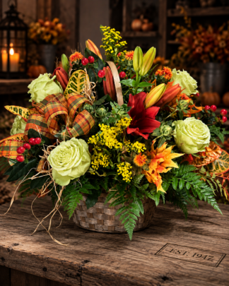 Rustic Crisp Autumn Basket with colorful fall flowers and accents.