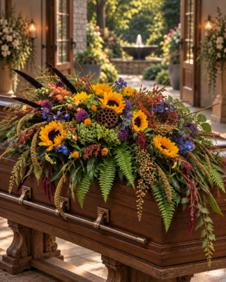 Autumn Grace and Gathering sympathy casket spray featuring golden sunflowers, blue and purple blooms, rustic branches, lotus pods, and cascading greenery, handcrafted by Aggieland Flowers & Chocolates in College Station, TX.