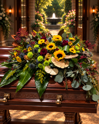 Heart of Nature sympathy casket spray featuring golden sunflowers, burgundy roses, green chrysanthemums, blue thistles, rustic woodland accents, and cascading eucalyptus, handcrafted by Aggieland Flowers & Chocolates in College Station, TX.