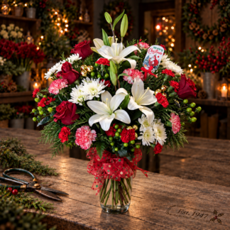 Holiday arrangement in a glass vase with seasonal greens, classic reds, white and greens.