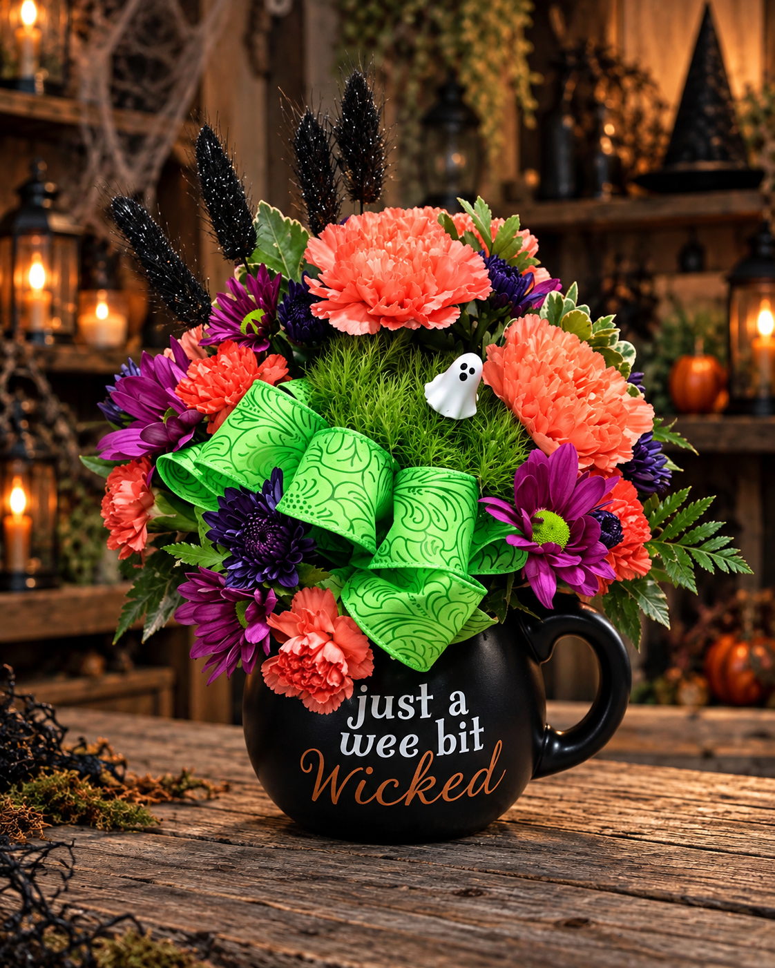Spellbound Spirits Halloween flower arrangement with coral, purple and green blooms, bright green bow and playful ghost accent in a black “Just a Wee Bit Wicked” keepsake mug.