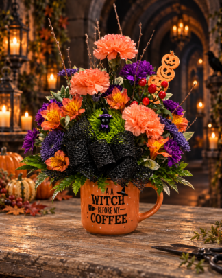 Witch’s Brew & Cat Crew Halloween flower arrangement with orange, purple and green blooms, black bow and playful cat accent in an A Witch Before My Coffee keepsake mug.