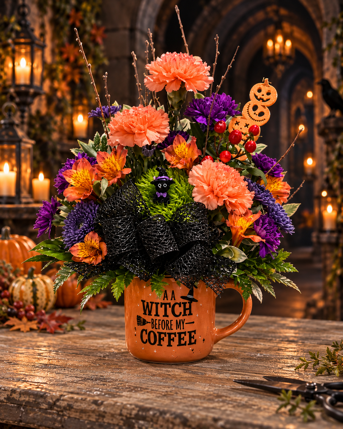 Witch’s Brew & Cat Crew Halloween flower arrangement with orange, purple and green blooms, black bow and playful cat accent in an A Witch Before My Coffee keepsake mug.