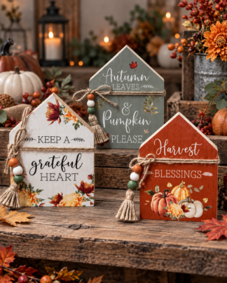 Three autumn wooden shelf sitters: Keep a Grateful Heart, Autumn Leaves and Pumpkin Please, and Harvest Blessings