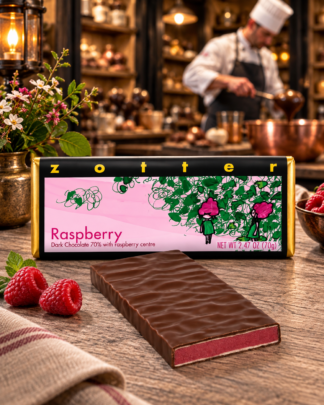 Delicious Zotter Raspberry hand-scooped Austrian dark chocolate bar with a vibrant raspberry center, showcased with fresh raspberries in an artisan chocolatier’s workshop.