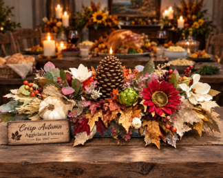 Crisp Autumn silk centerpiece with fall foliage, pumpkins, berries, and a pinecone LED candle with timer.