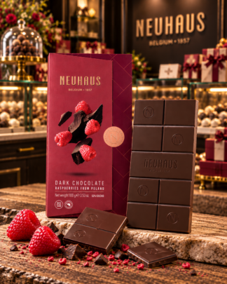 Neuhaus Dark Chocolate Raspberry Tablet with fresh raspberries and dark chocolate pieces displayed on a rustic wood table in an elegant Belgian chocolate shop setting.