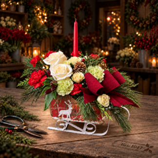 Holiday Sleigh Ride with Candle. A lovely arrangement of festive flowers of red, white and crisp greens.