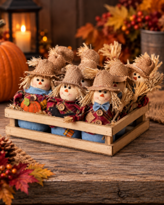 The Scarecrow Crew set of nine fabric scarecrows lined up in a rustic wooden crate for fall decorating, hostess gifts and party favors from Aggieland Flowers & Chocolates.