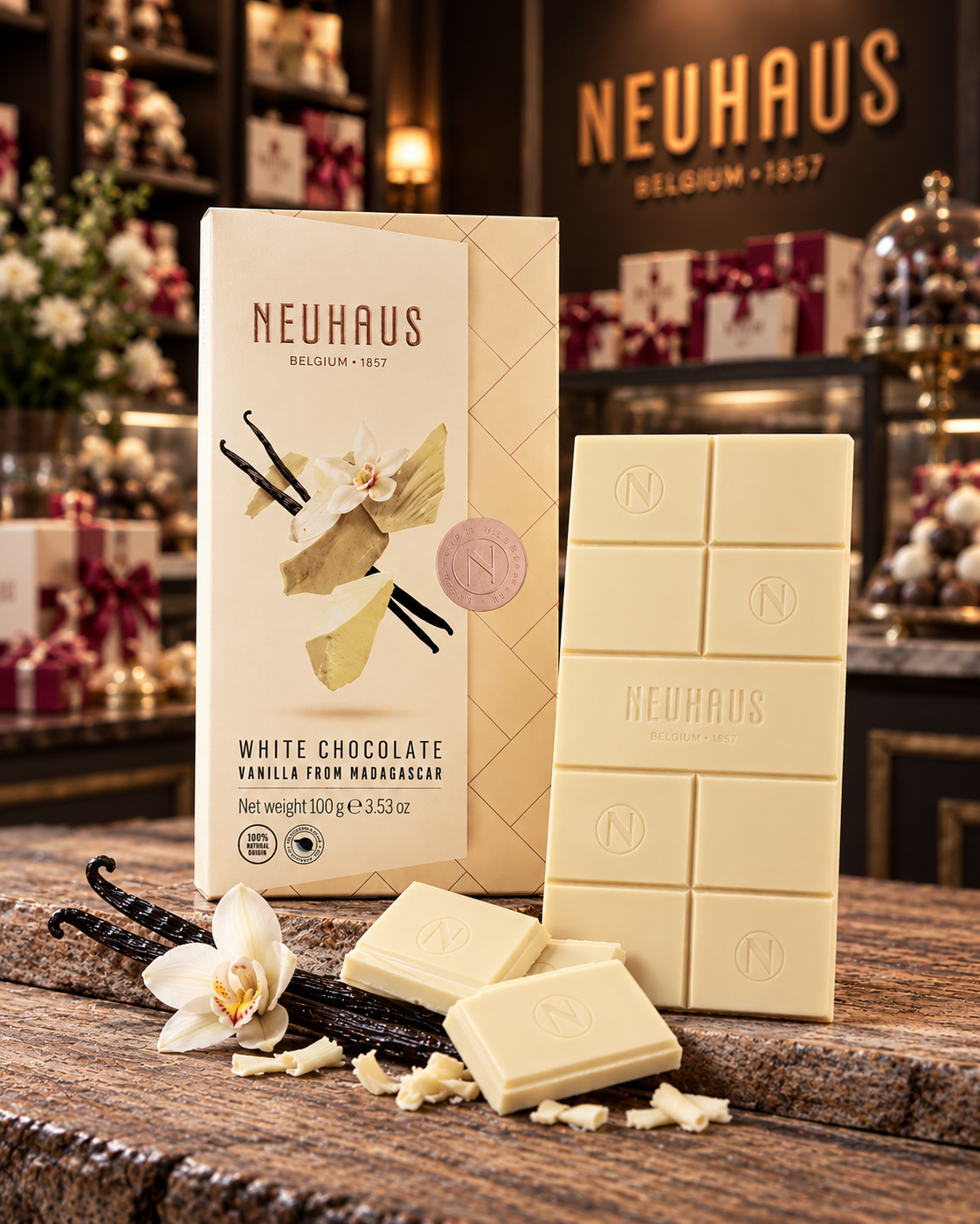 This White Vanilla Tablet (100 g) is made with a sweet and smooth white chocolate and hints of fresh vanilla from Madagascar.