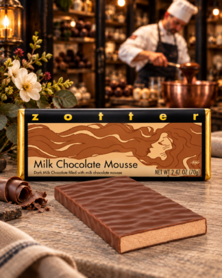 Decadent Zotter Milk Chocolate Mousse hand-scooped Austrian chocolate bar with creamy milk chocolate mousse, showcased in a warm artisan chocolatier’s workshop.